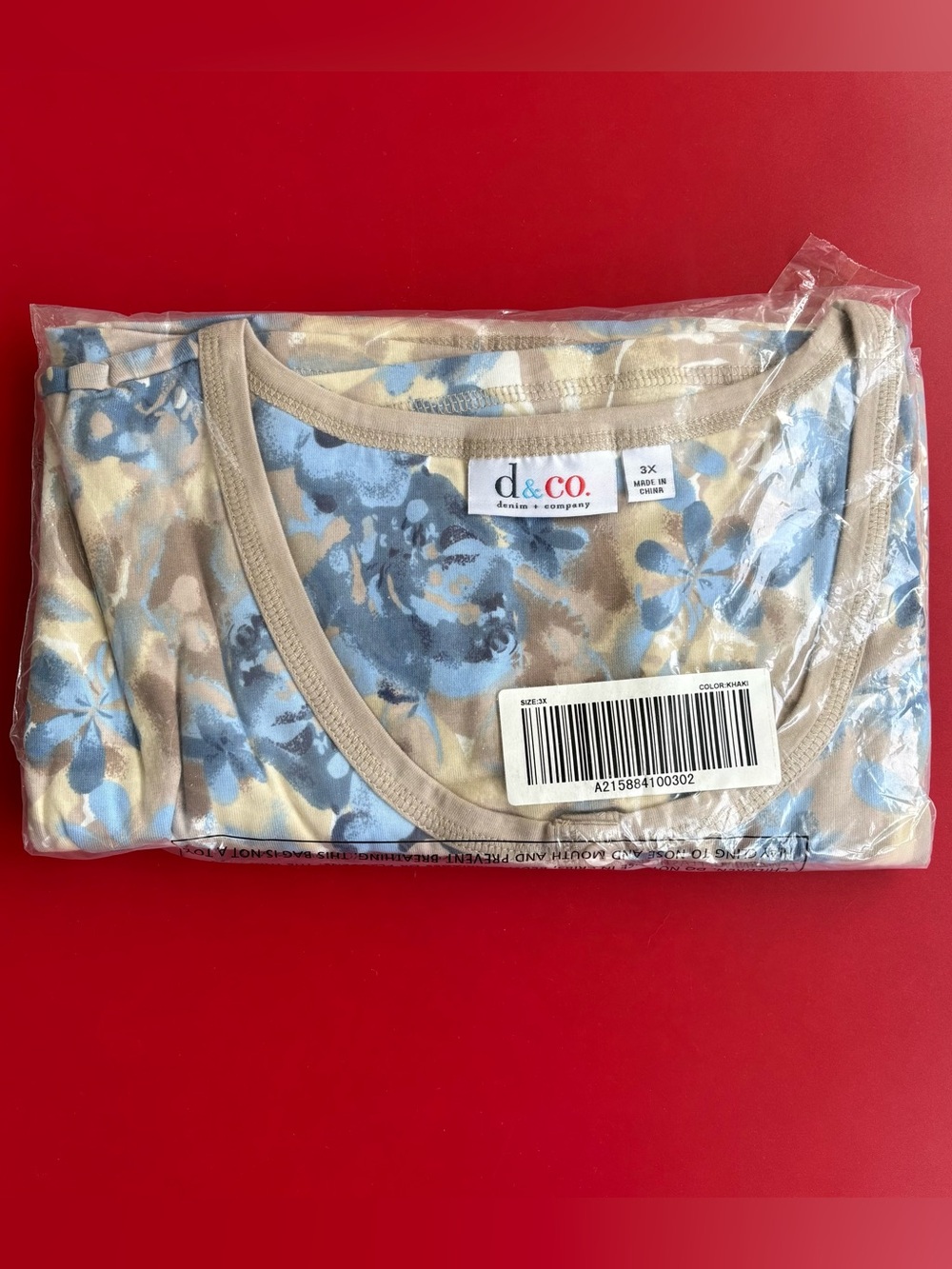 NEW D&Co Denim & Company Floral Henley Top Women’s 3X Blue Khaki NIP